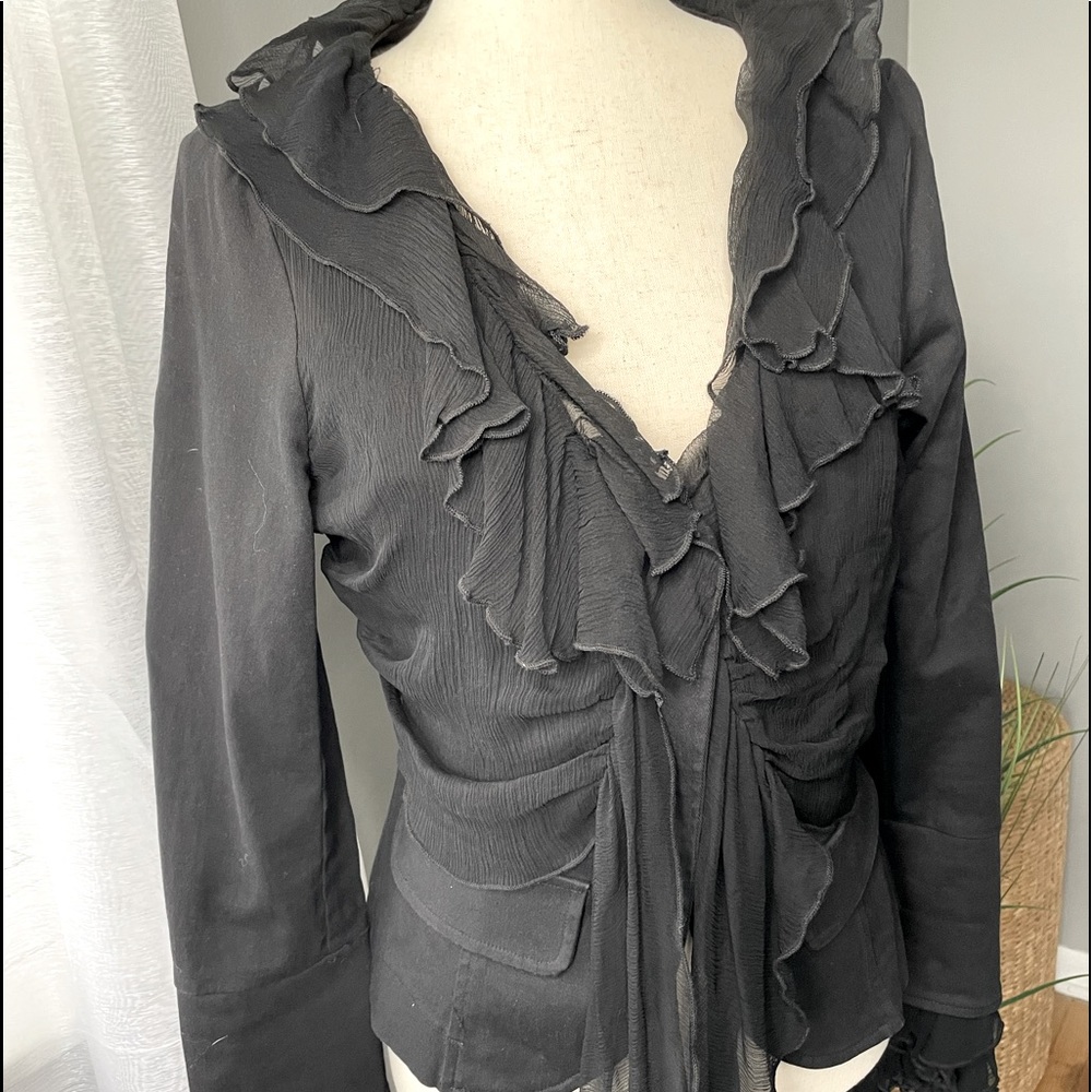 Black denim jacket by/Beshubie! Beautiful sheer ruffle trimmed collar cuffs/tie - Picture 4 of 8